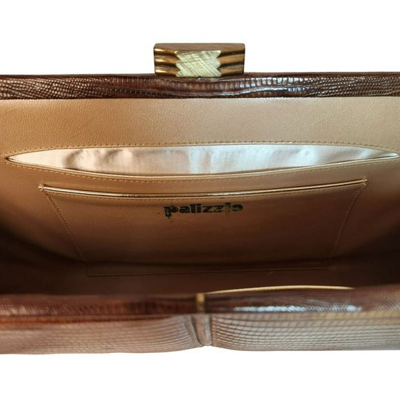 Vintage Palizzio Tegu Lizard Brown Rectangle Frame Closure 1960s Handbag - Picture 16 of 16